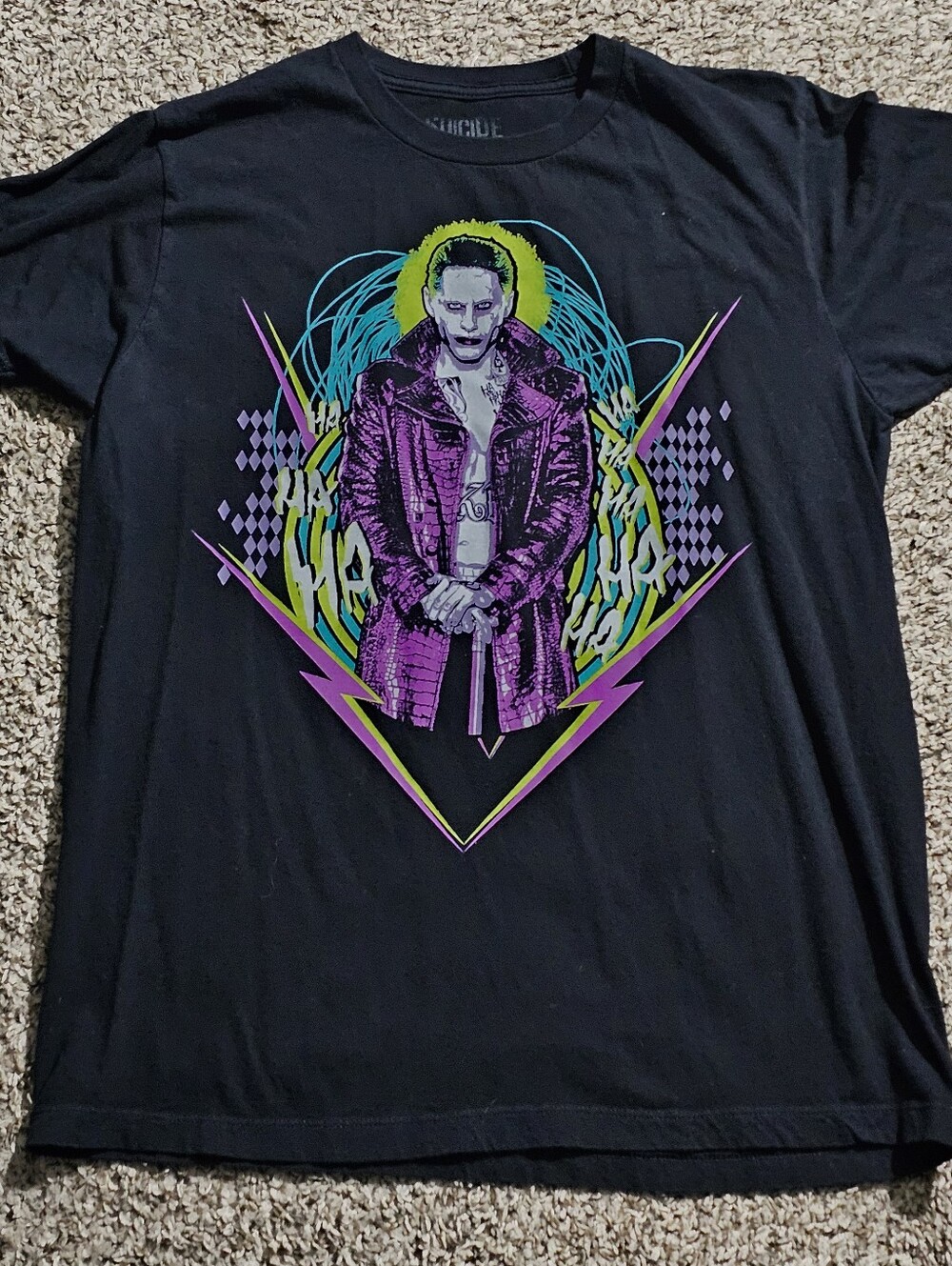 Joker frim Suicide Squad ,Men's Black Graphic Tee with Neon Purple & Yellow Art